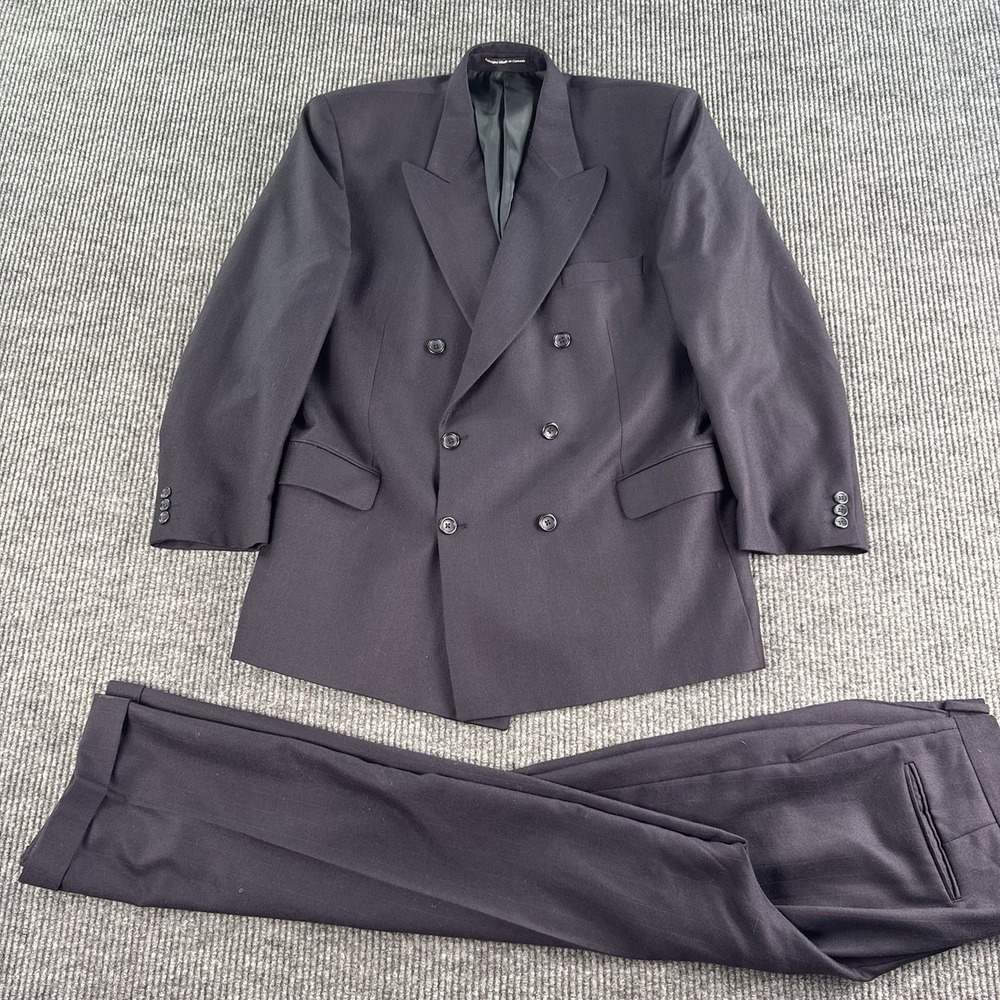 Vintage Mario Balducci Suit 46 Blue Wool Striped Double Breasted Pleated 34x28